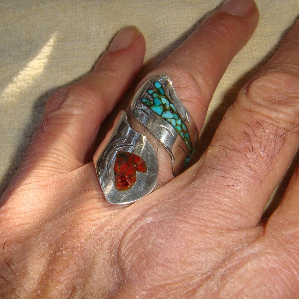Sliver men's / woman's ring with Turquoise & Red Jade stones